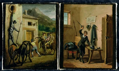 窓からぶら下がって彼の鎧を準備しているドン・キホーテ、セルバンテスの小説の2つのシーン